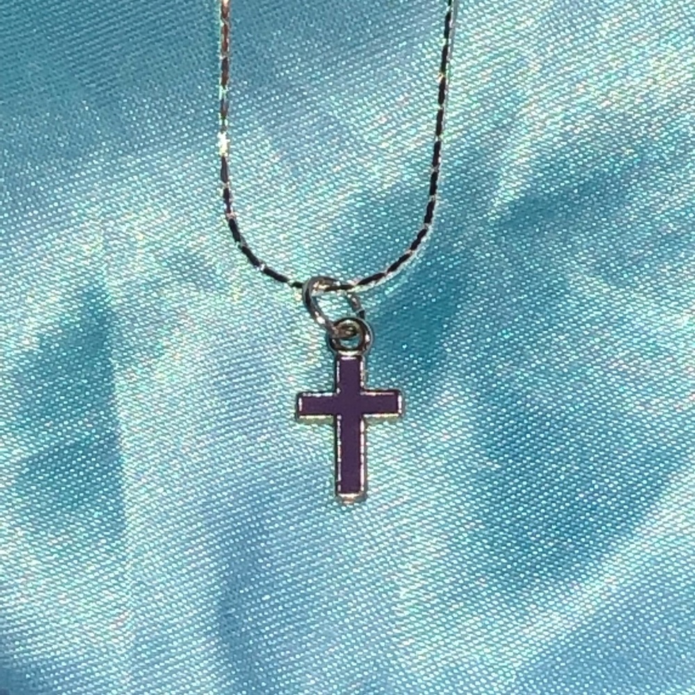 Purple cross pendant on long silver necklace chain - Picture 2 of 8